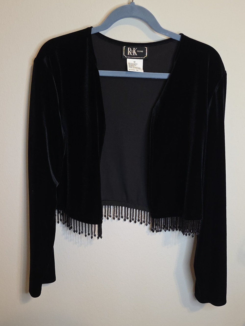 Black Velvet Cropped Shrug with Bead Fringe